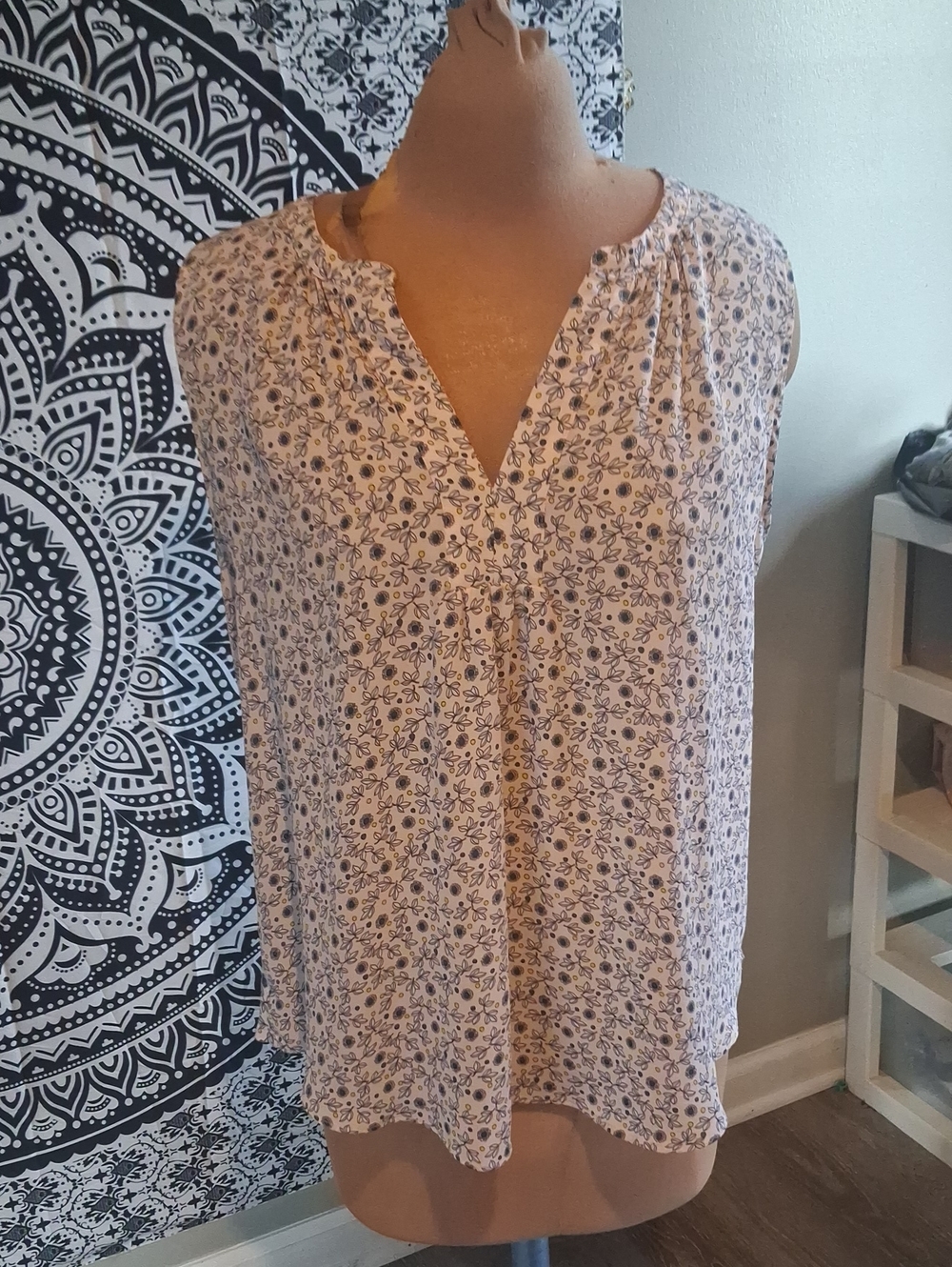 LOFT Pink and Navy Floral Split-Neck Tunic